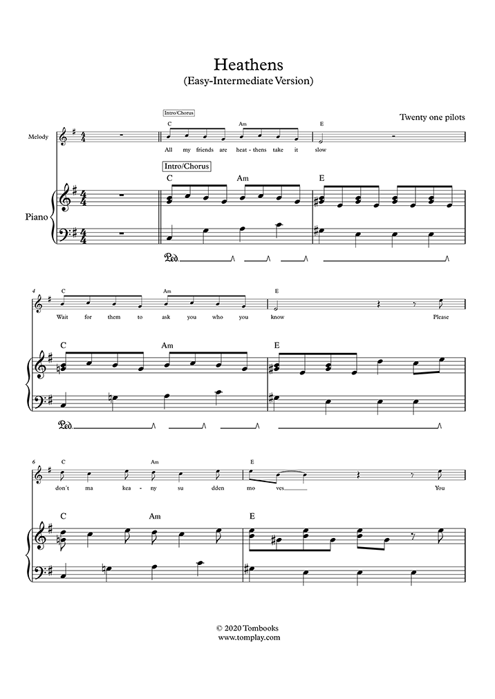 Escalofriante estoy sediento Generacion Heathens (Easy/Intermediate Level, with Orchestra) (Twenty One Pilot) - Piano  Sheet Music