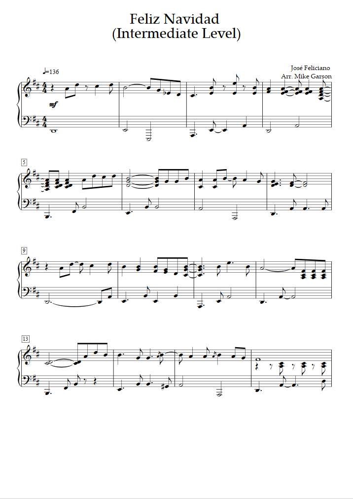 Feliz Navidad (Nivel Intermedio) (José Feliciano) - Partitura Piano