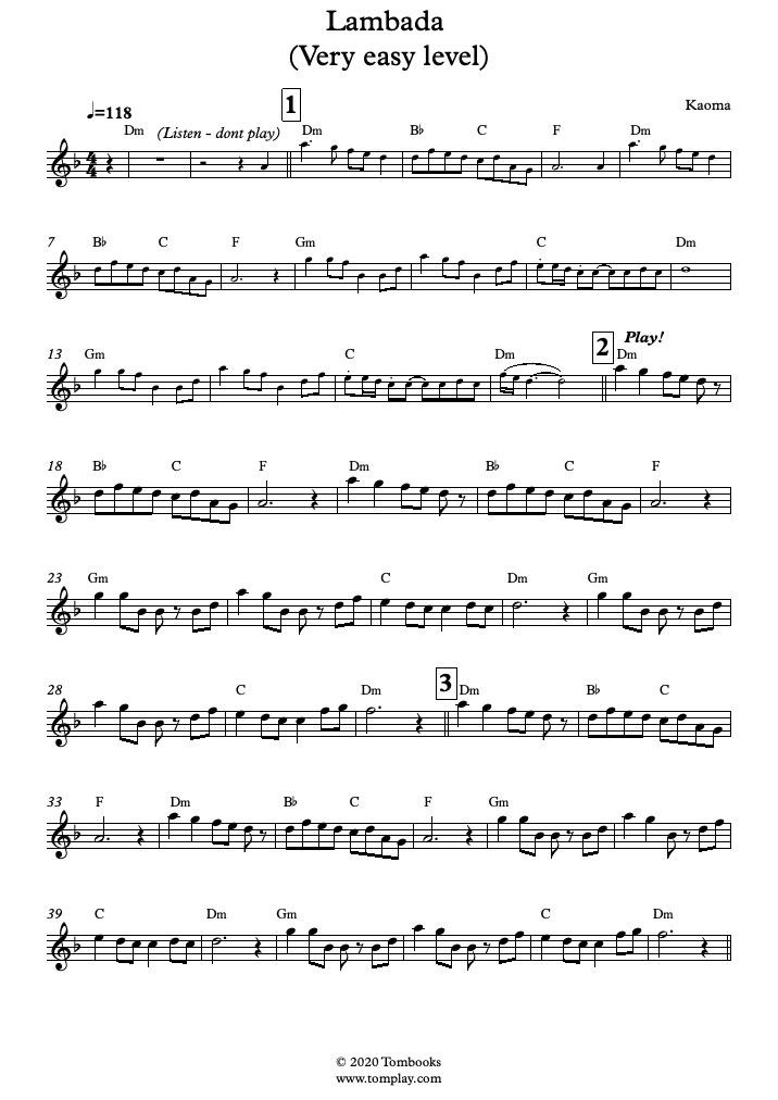 Lambada (Very Easy Level) (Kaoma) - Flute Sheet Music