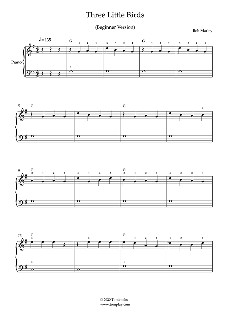 frio Pesimista Sombreado Three Little Birds (Nivel Principiante) (Bob Marley) - Partitura Piano