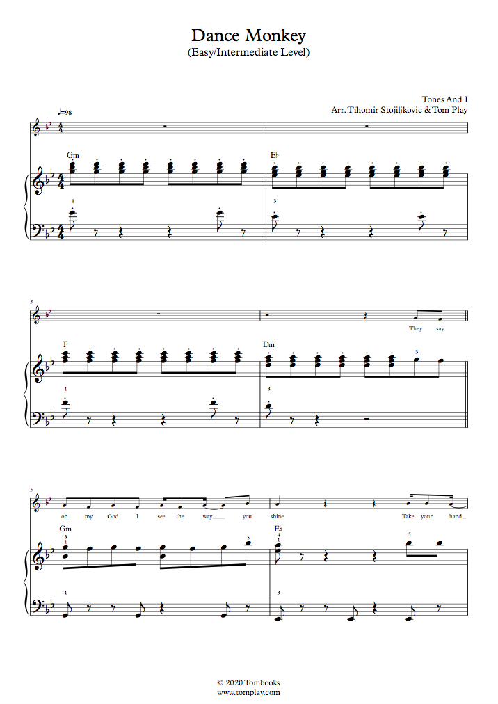 Artes literarias Compasión Yogur Dance Monkey (Nivel Fácil/Intermedio, con Orquesta) (Tones And I) -  Partitura Piano