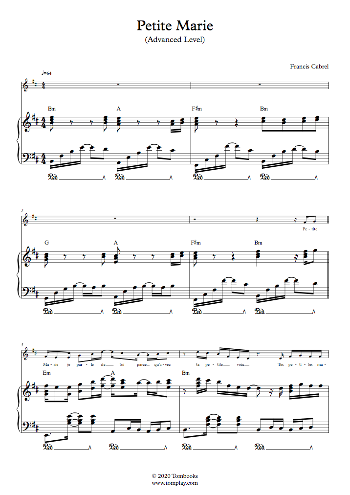 Ceder dolor de estómago preferible Petite Marie (Nivel Avanzado, Piano Solo) (Francis Cabrel) - Partitura Piano