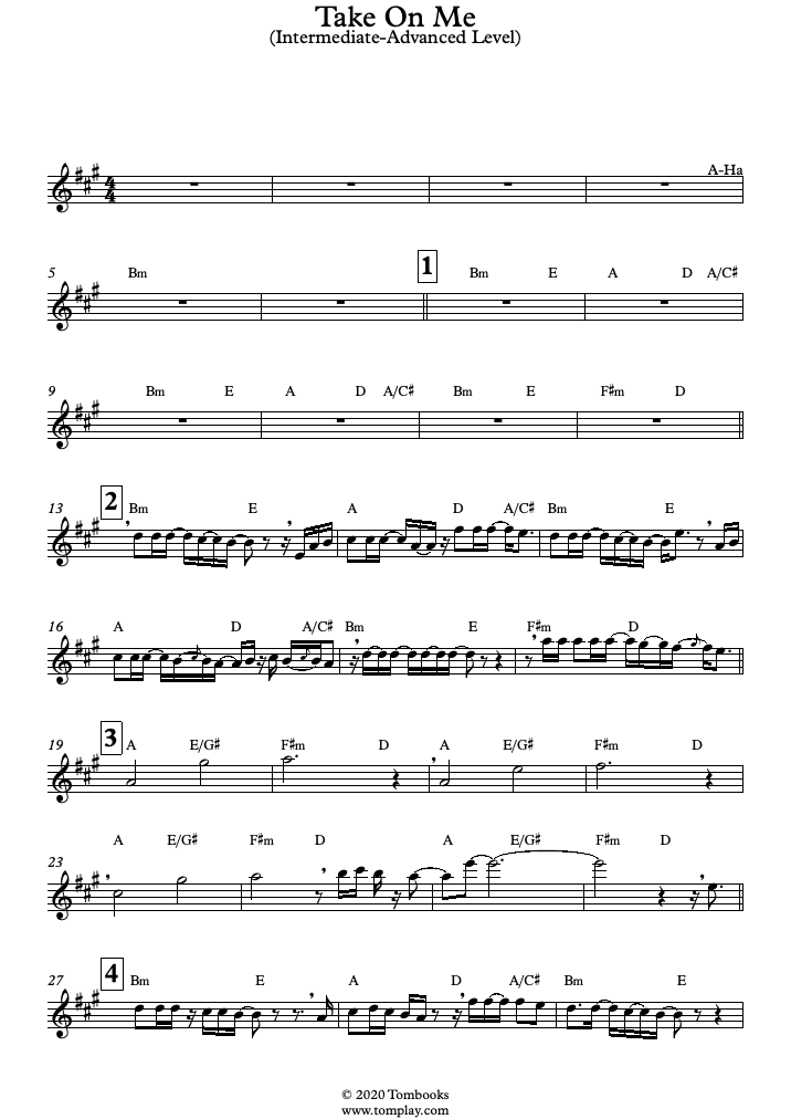Take On Me (Intermediate/Advanced Level) (A-Ha) - Flute Sheet Music