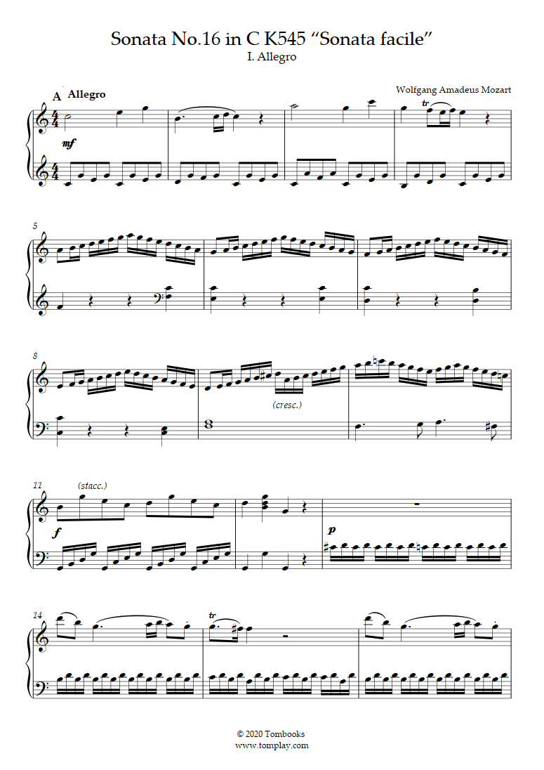 ピアノ・ソナタ 第16番 ハ長調 K.545〜第1楽章：アレグロ（エッシェンバッハの演奏音源付き） (モーツァルト) ピアノ 楽譜