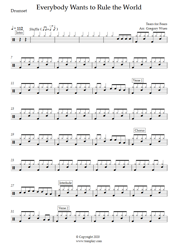 Drum Chart for Mad World by Tears For Fears - Joe The Drummer - Drum  Lessons North-West London and Online