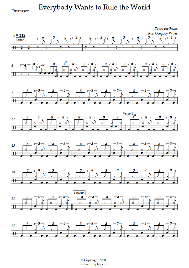 Drum Chart for Mad World by Tears For Fears - Joe The Drummer - Drum  Lessons North-West London and Online