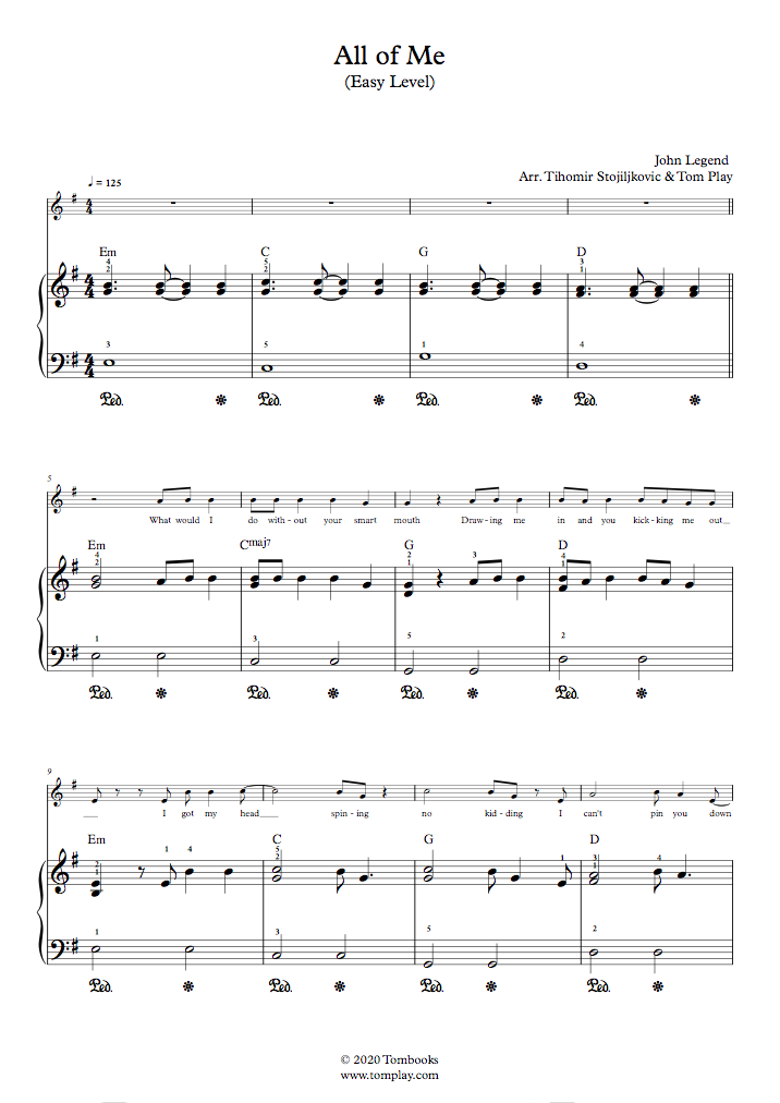 All of me (niveau facile, piano solo) (John Legend) - Partition Piano