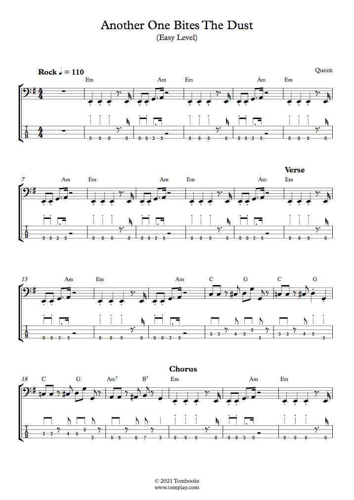 Queen Another One Bites the Dust Sheet Music in E Minor (transposable) -  Download & Print - SKU: MN0064174