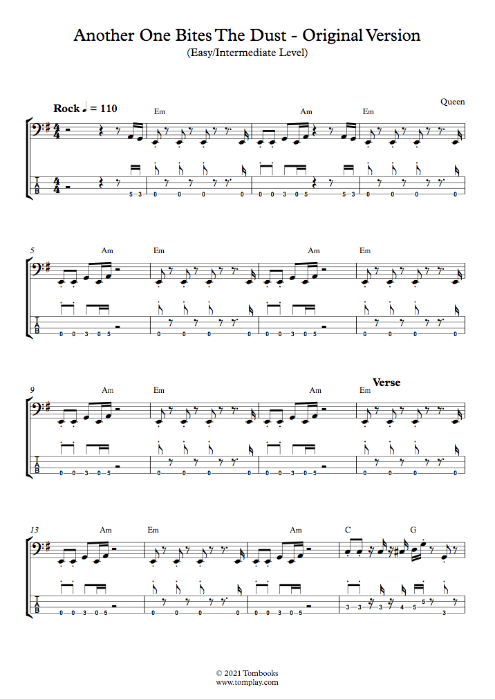 Queen Another One Bites the Dust Sheet Music in E Minor (transposable) -  Download & Print - SKU: MN0064174