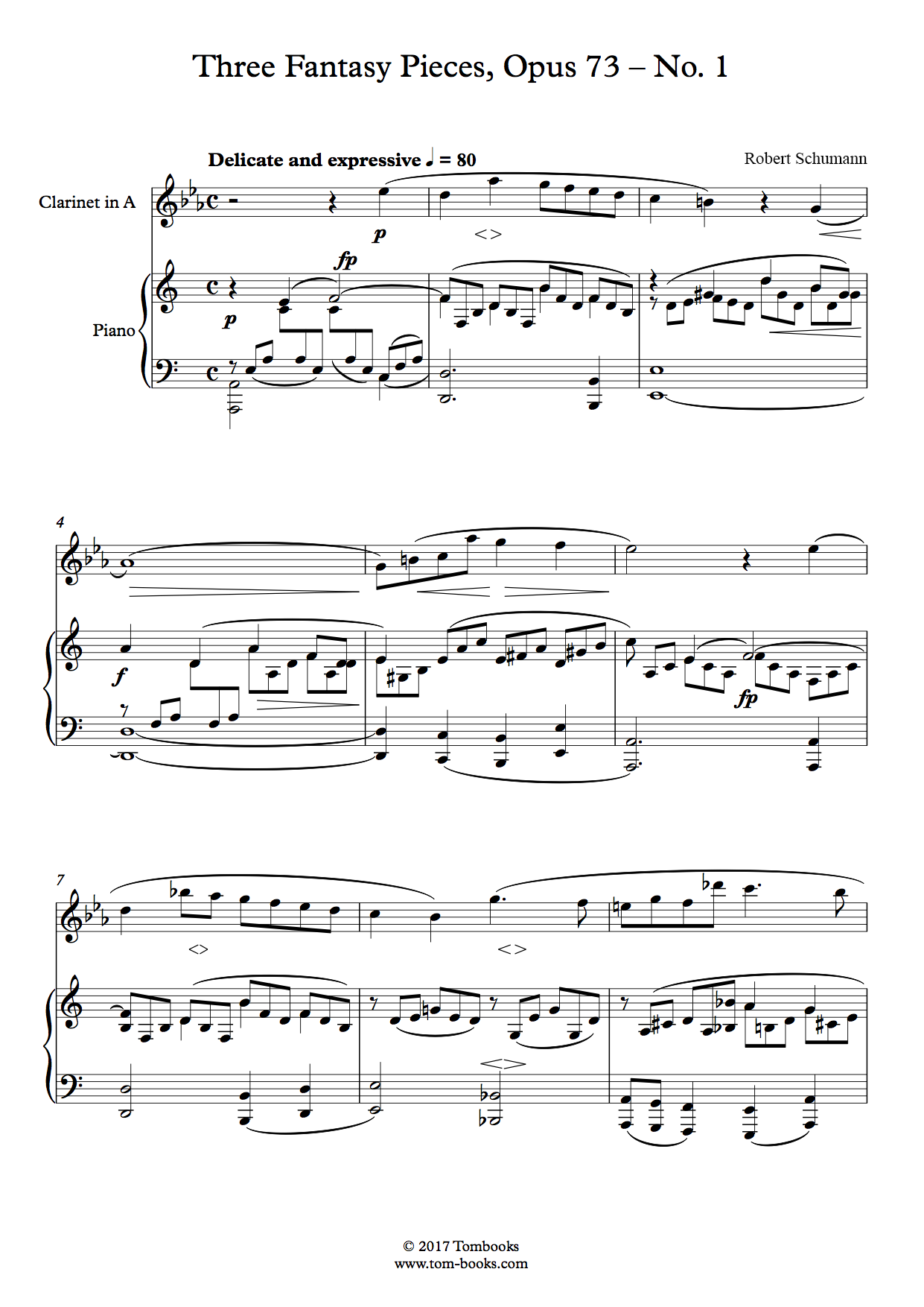 クラリネット　幻想小曲集　Op.73〜第1曲：静かに、感情を込めて（クラリネットA管用）　(シューマン)　楽譜