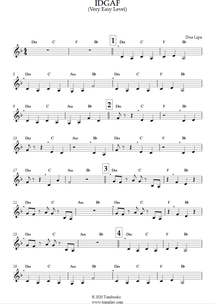 Idgaf (very Easy Level) (dua Lipa) - Clarinet Sheet Music