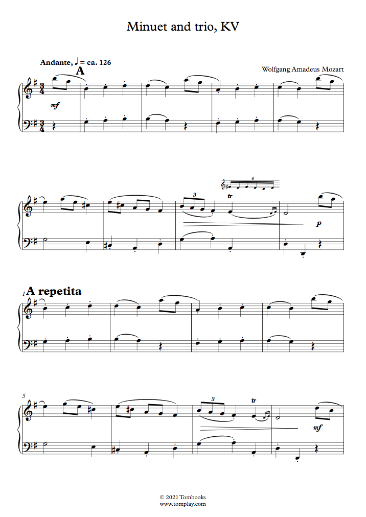 Cuaderno de Nannerl - Minueto y trio en Sol mayor, K.1e (Mozart) - Partitura
