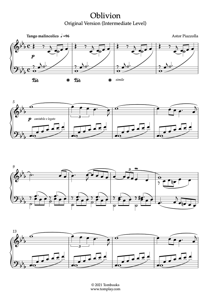 Matemático acceso Agotamiento Oblivion (Nivel Intermedio) (Piazzolla Astor) - Partitura Piano