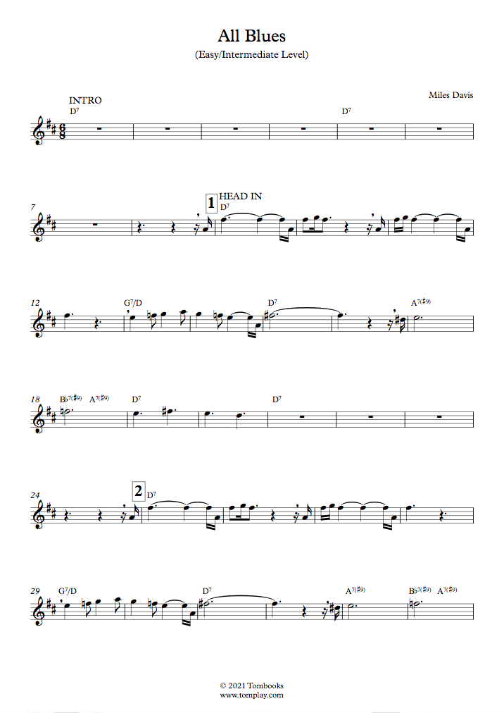 All Blues (Easy/Intermediate Level, Alto Sax) (Miles Davis