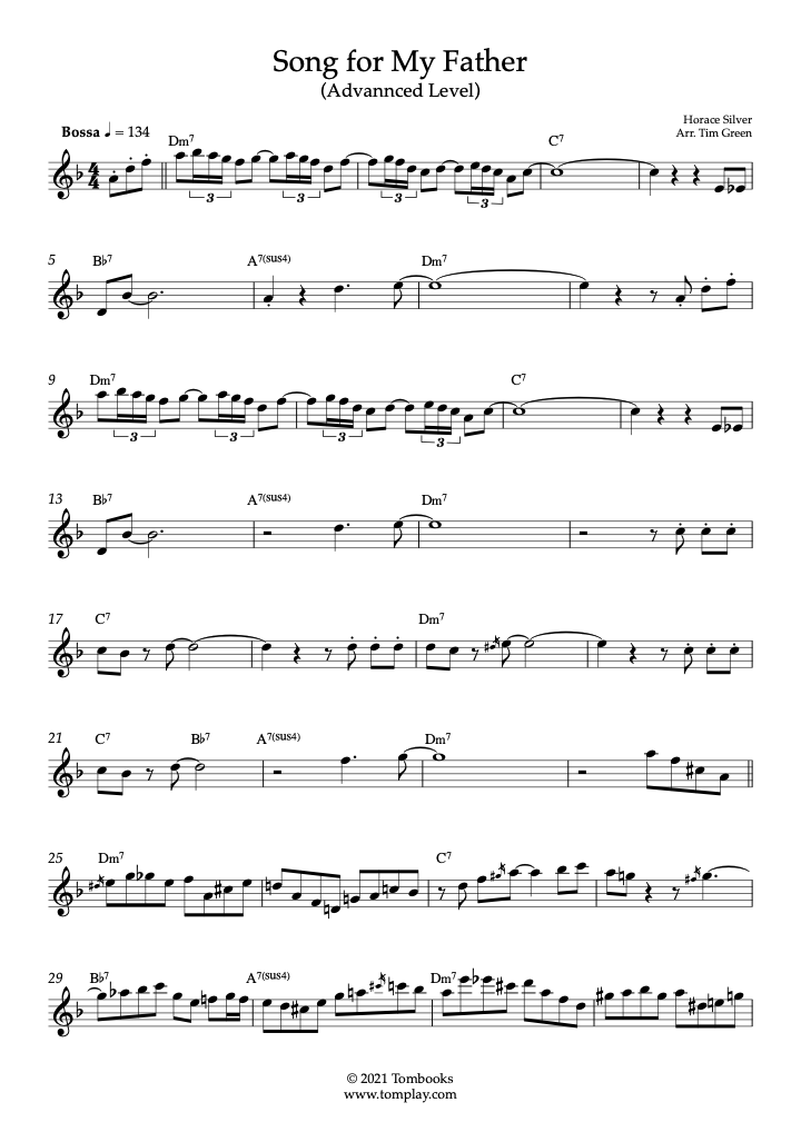Bandiet Anoi Donker worden Song For My Father (Advanced Level, Alto Sax) (Horace Silver) - Saxophone  Sheet Music