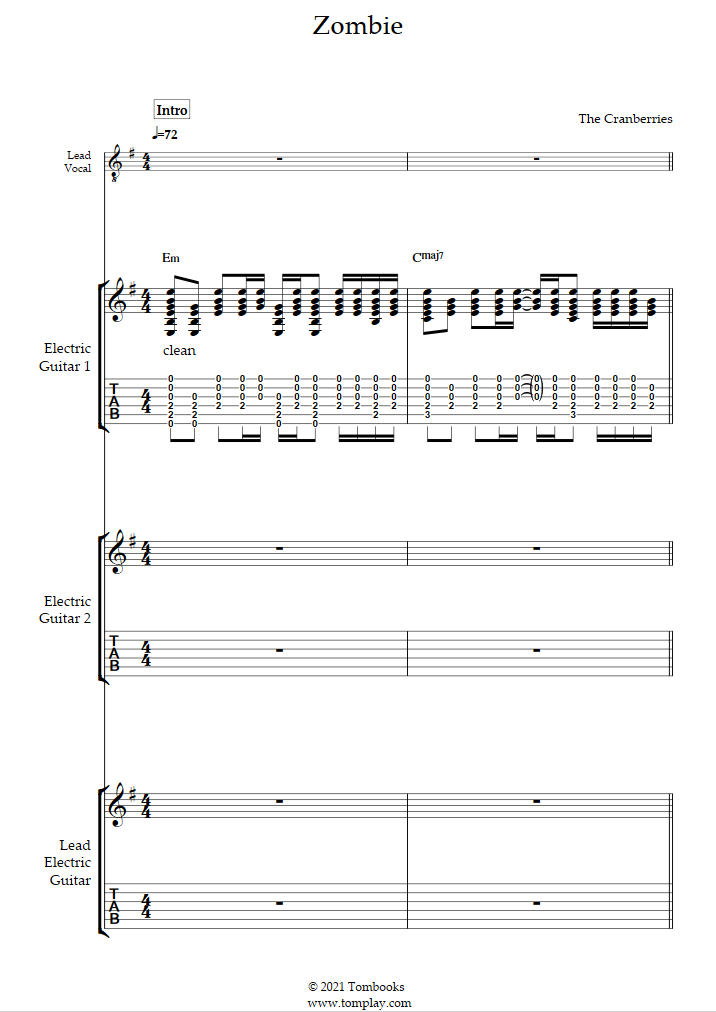 Zombie Sheet Music, The Cranberries, Easy Guitar