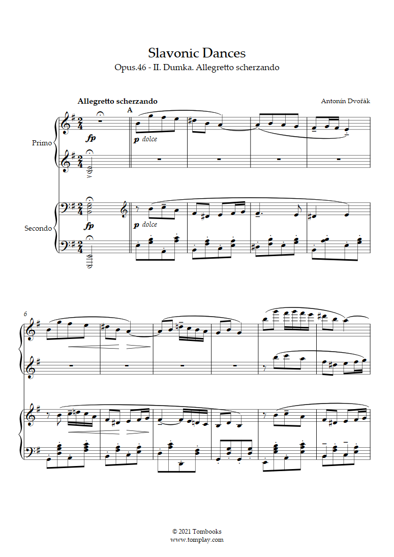 (ドヴォルザーク)　scherzando　第1集　スラヴ舞曲　第2番:　ピアノ　ホ短調　作品46　Dumka　Allegretto　楽譜