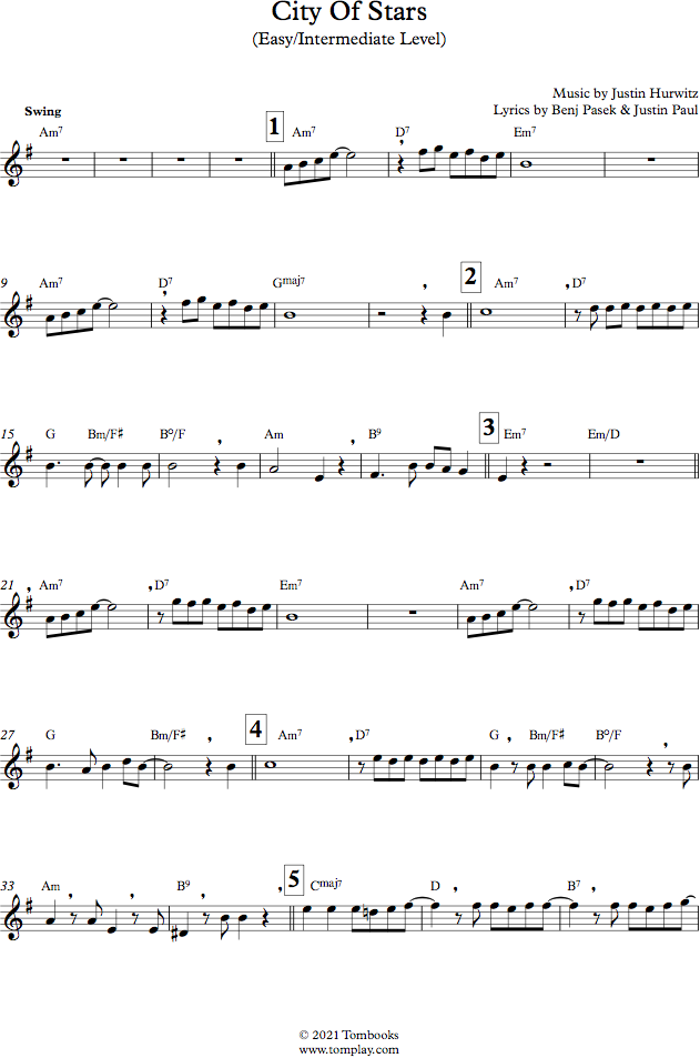 La La Land - City of Stars (Easy/Intermediate Level) (Hurwitz) - Clarinet  Sheet Music