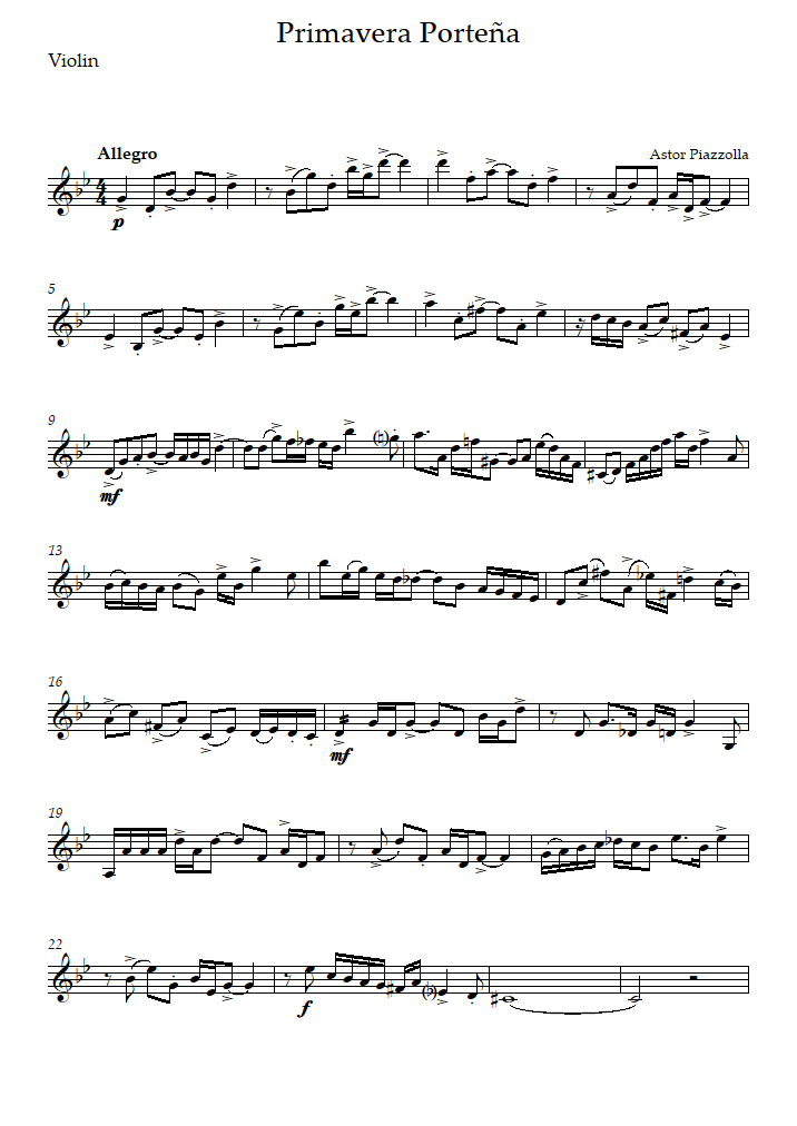 Porteña (Piazzolla - Violin Sheet Music