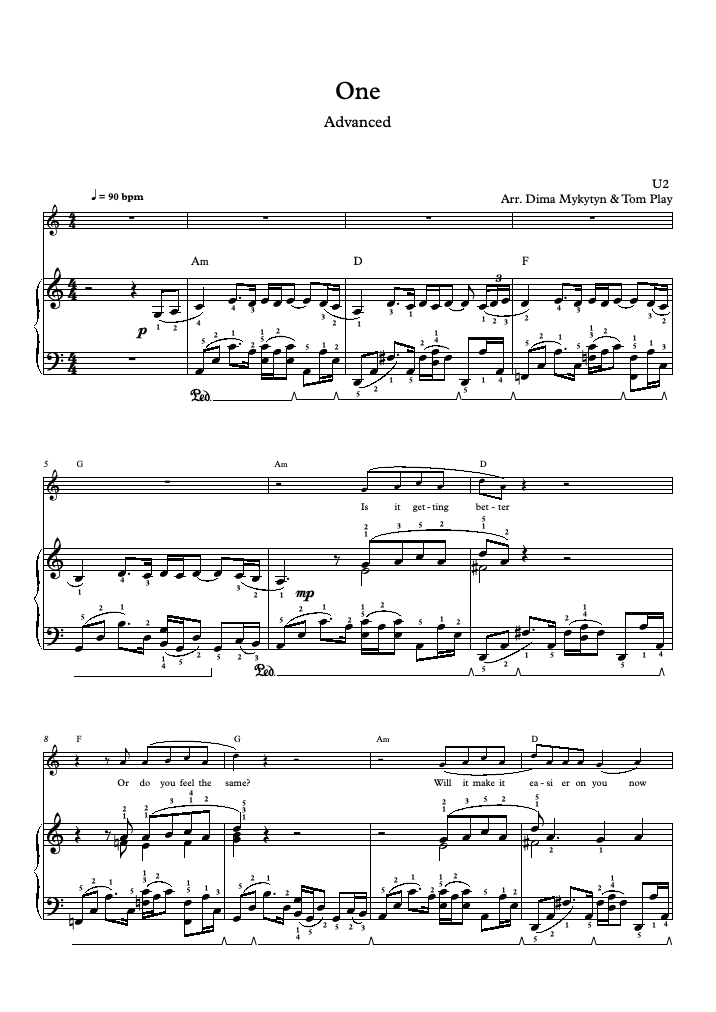 viernes Renunciar peso One (Nivel Avanzado, Piano Solo) (U2) - Partitura Piano