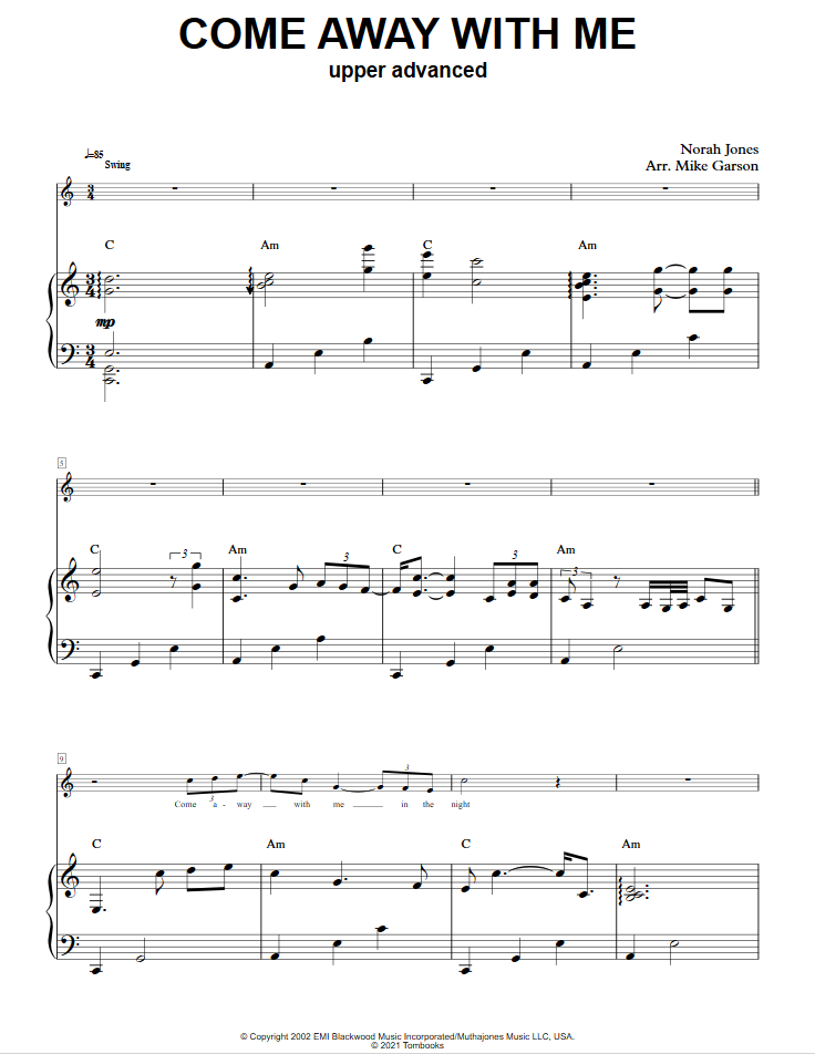 Come Away With Me (Upper Advanced Level, Solo Piano) (Norah Jones