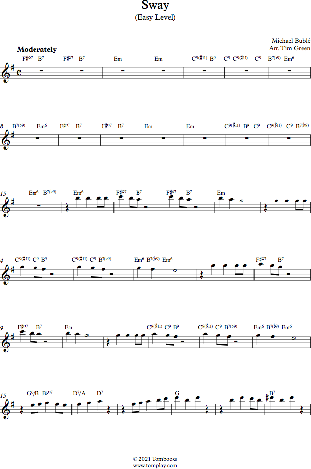 Sway (easy Level, Tenor Sax) (michael Bublé) - Saxophone Sheet Music