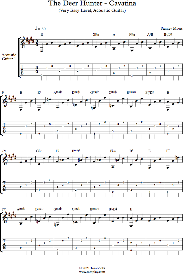 The Deer Hunter Cavatina (Very Easy Level, Electric Guitar) (Stanley  Myers) Guitar Tabs and Sheet Music