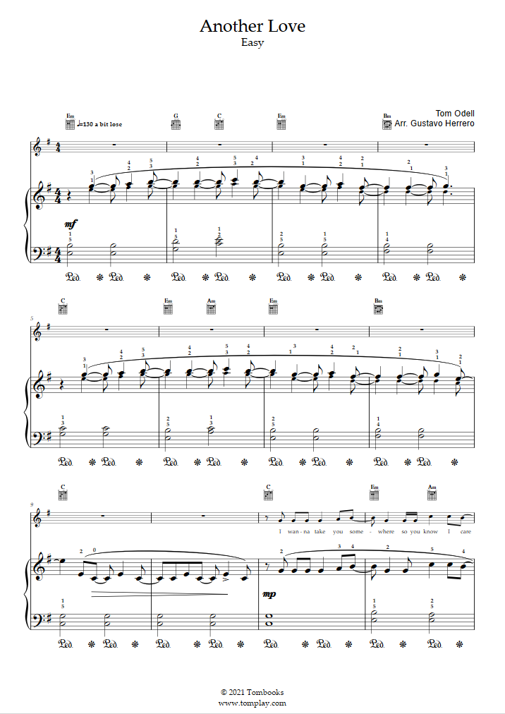 Tom Odell - Another Love (Piano Sheet) Partitura by Pianella Piano