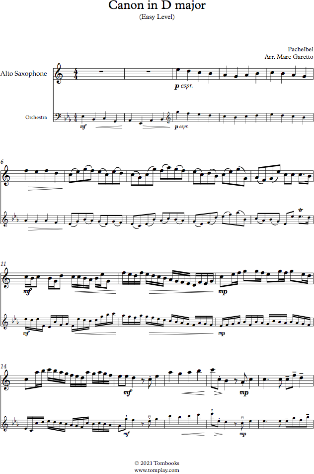 Canon en ré majeur (niveau facile, sax alto) (Pachelbel) - Partition  Saxophone