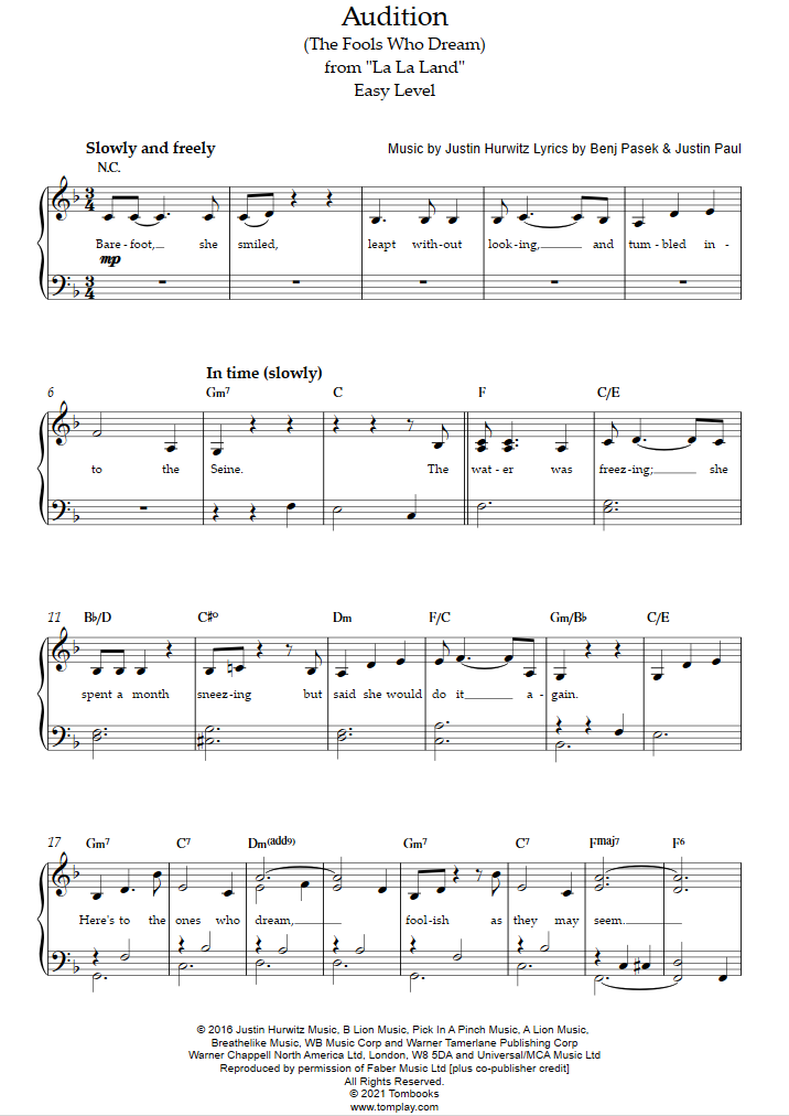 compensación masa moderadamente La La Land - Audition (Nivel Fácil) (Hurwitz) - Partitura Piano