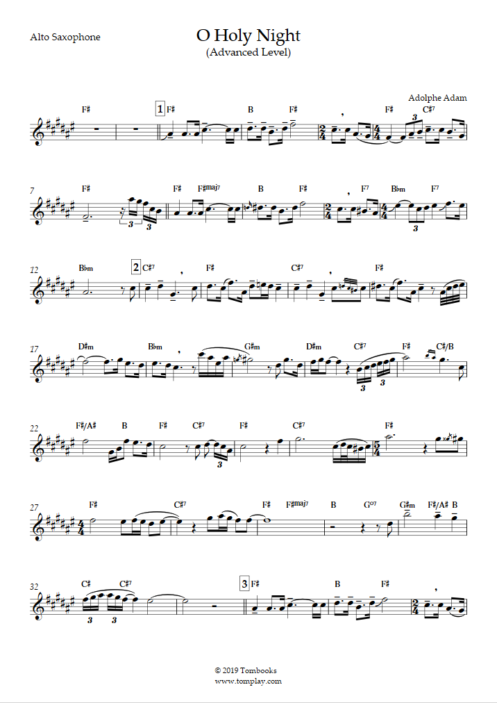 O Holy Night Christmas Carol For Alto Saxophone - Free Sheet Music