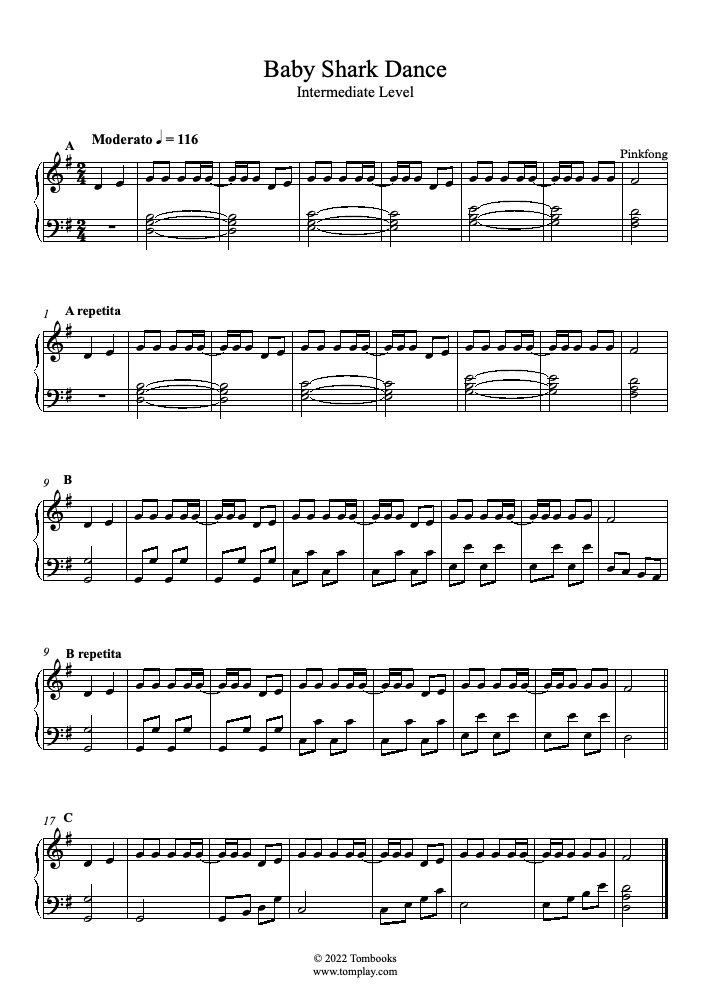 Baby Shark Dance (Intermediate Level, Solo Piano) (Pinkfong) - Piano Sheet  Music