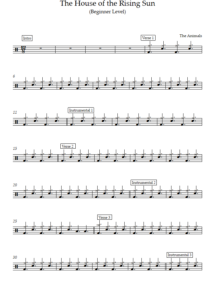 The House of the Rising Sun (Beginner Level) (The Animals) - Drums Sheet  Music