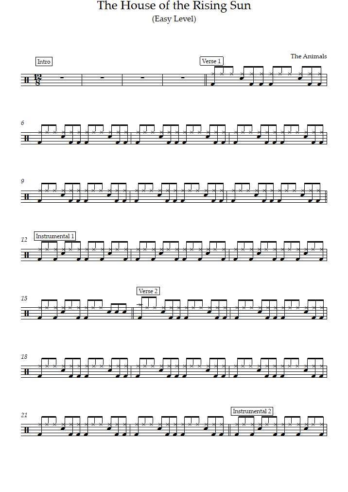 The House of the Rising Sun (Easy Level) (The Animals) - Drums Sheet Music