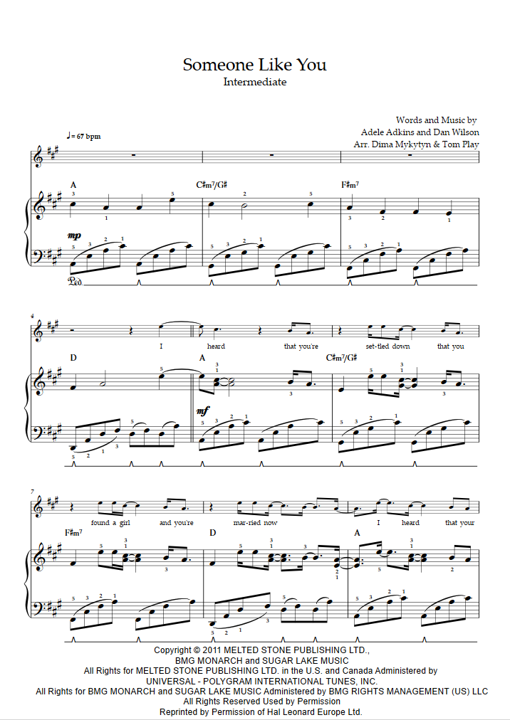 Panda bota Kakadu Someone Like You (Nivel Intermedio, Piano Solo) (Adele) - Partitura Piano
