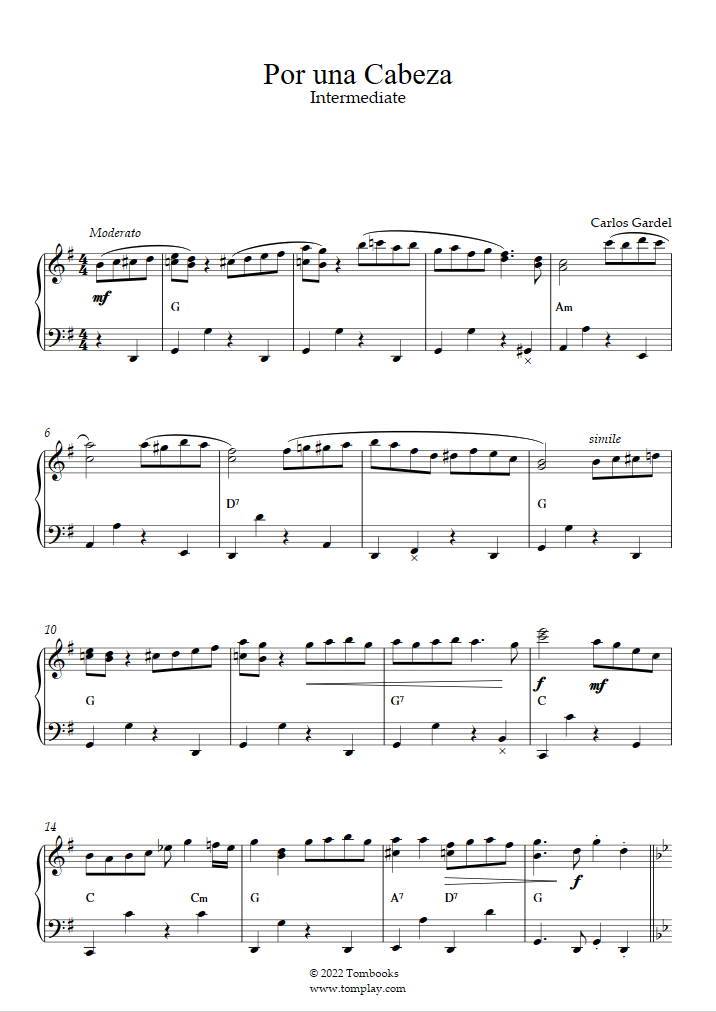 Por Una Cabeza - Partitura fácil en PDF - La Touche Musicale