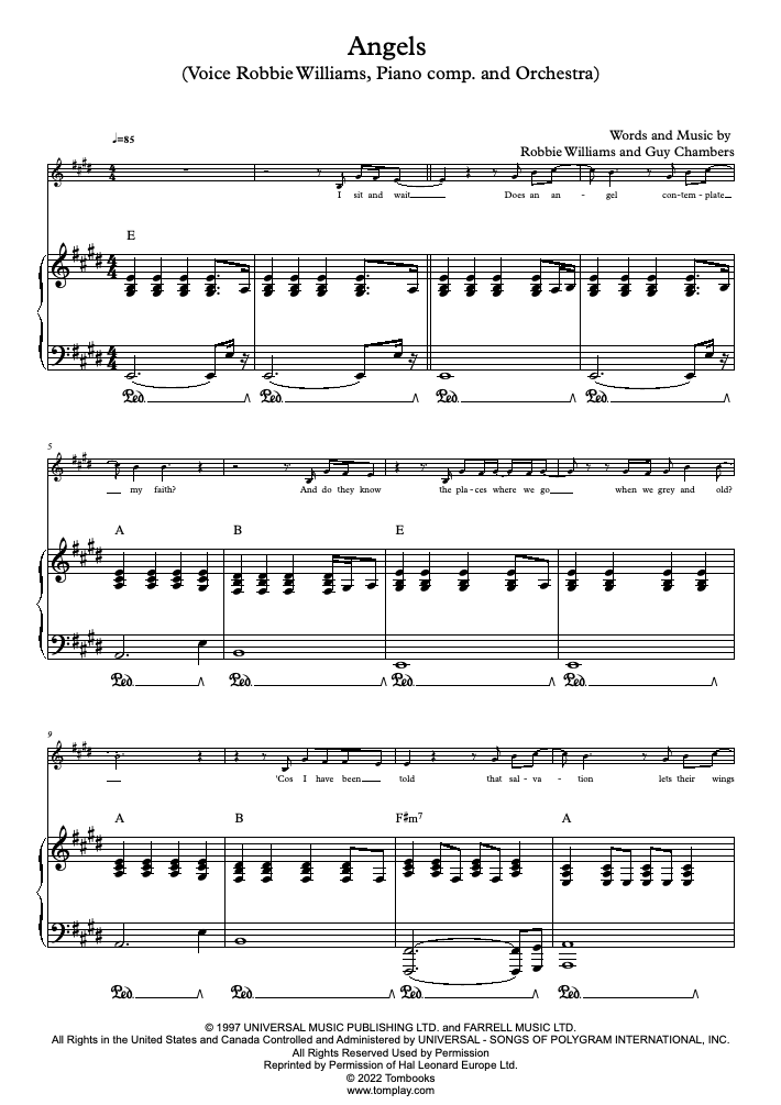 Nunca Venta ambulante Desmantelar Angels (Voz Robbie Williams, ac. Piano y Orquesta) (Williams (Robbie)) -  Partitura Piano