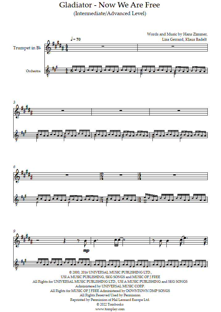 Gladiator - Now We Are Free (Intermediate/Advanced Level) (Zimmer (Hans)) -  Trumpet Sheet Music