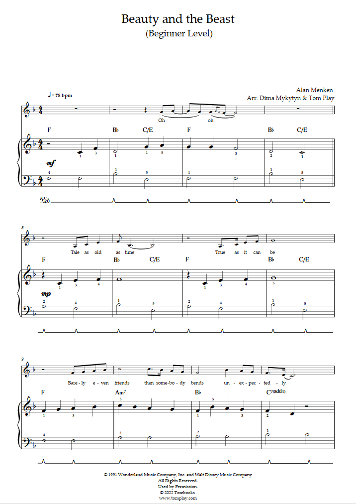 La Belle et la Bête (niveau débutant, piano solo) (Alan Menken) - Partition  Piano