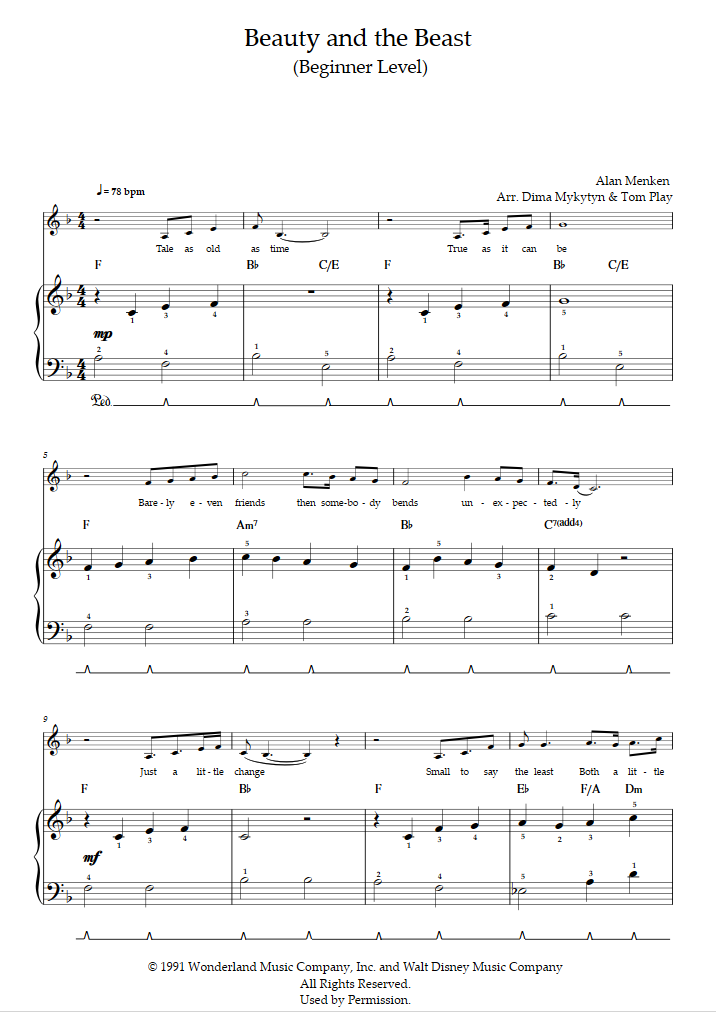 La Belle et la Bête (niveau débutant, piano solo) (Alan Menken) - Partition  Piano