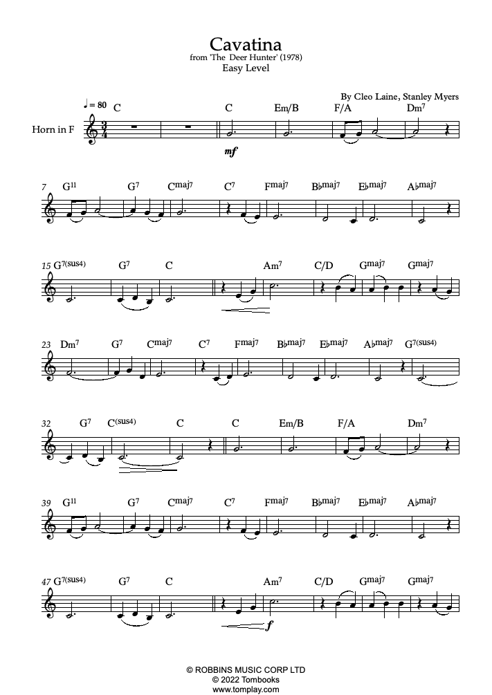 The Deer Hunter Cavatina (Very Easy Level, Electric Guitar) (Stanley  Myers) Guitar Tabs and Sheet Music