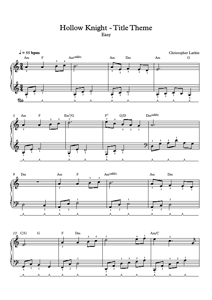 Hollow Knight - Tema del título (Nivel Fácil, Piano Solo) (Christopher Larkin) - Piano
