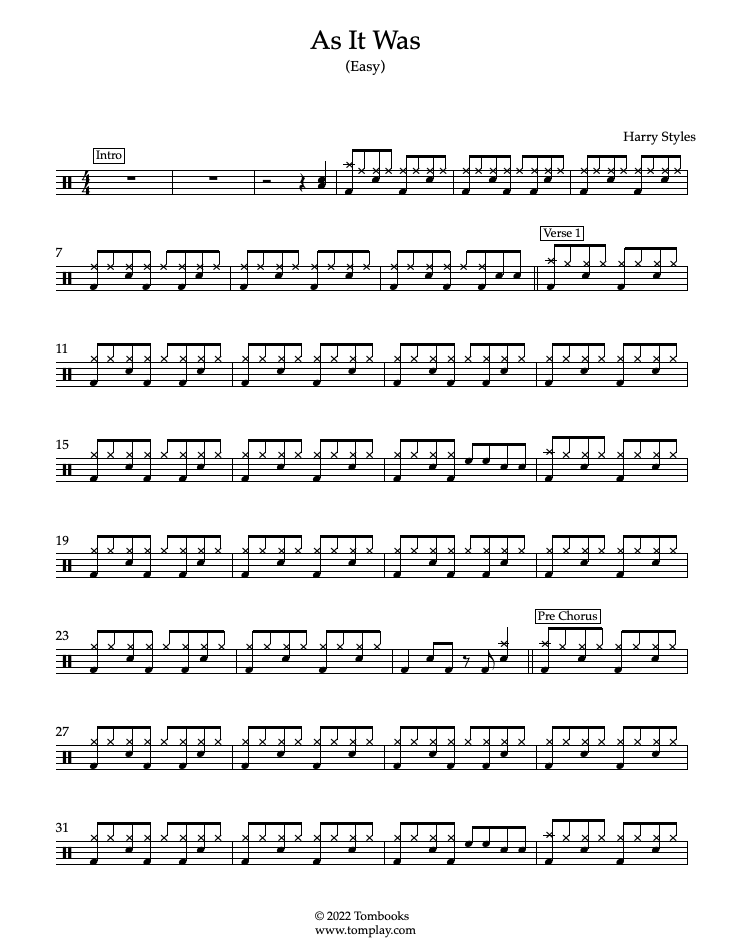 As It Was (Easy Level) (Harry Styles) - Drums Sheet Music