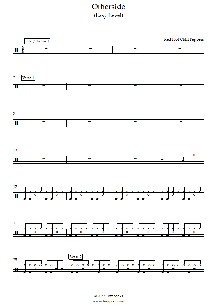 Otherside (Nivel Fácil) (Red Hot Chili Peppers) - Partitura Batería