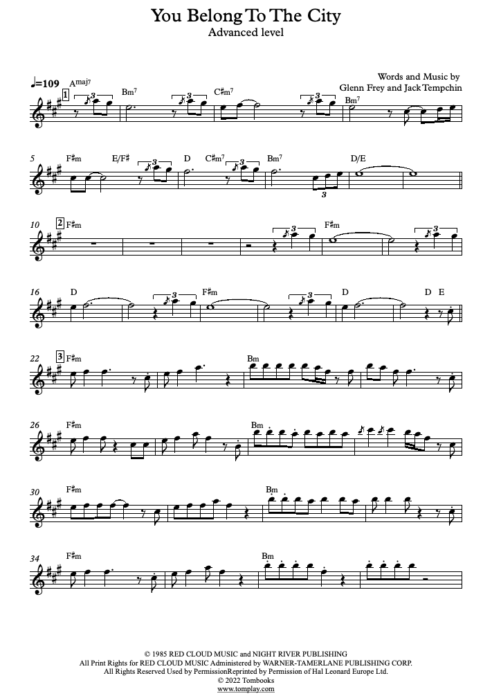 Miami Vice You Belong To The City Advanced Level Tenor Sax Glenn