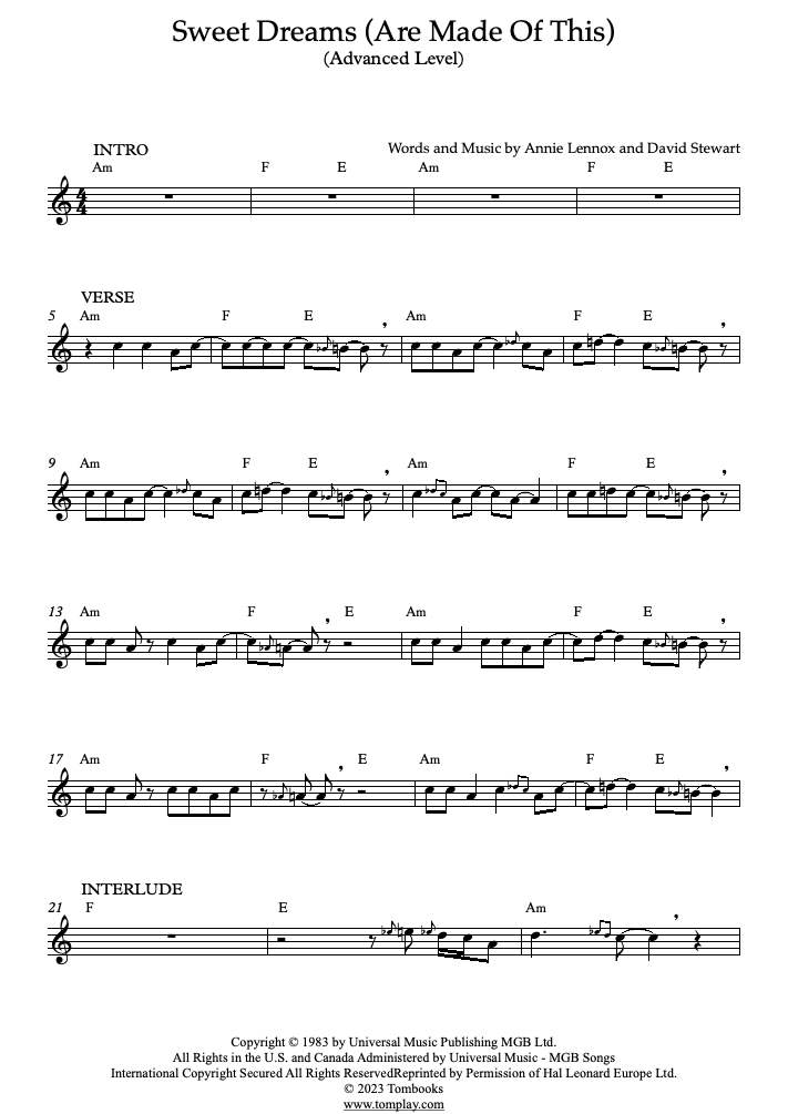 Sweet Dreams by Eurythmics Sheet Music & Lesson