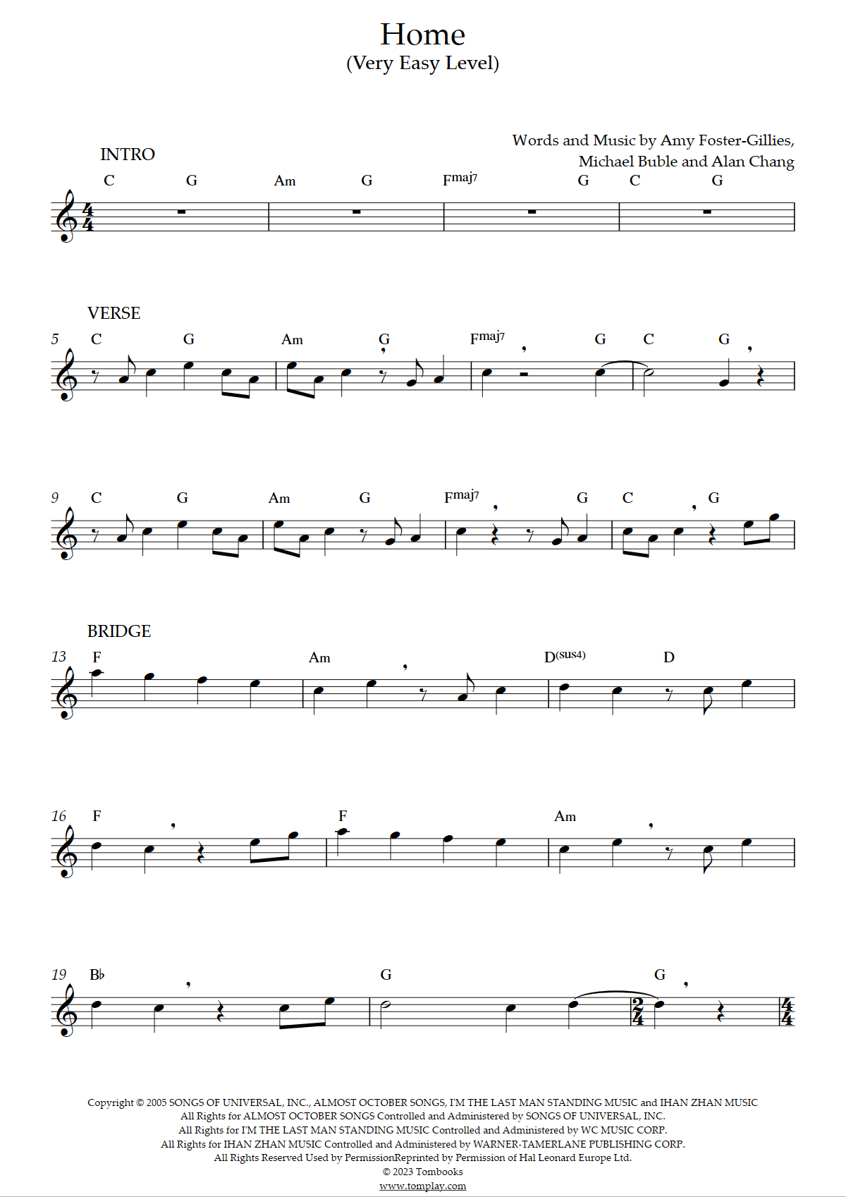 Home (Very Easy Level, Soprano Sax) (Michael Bublé) - Saxophone Sheet Music