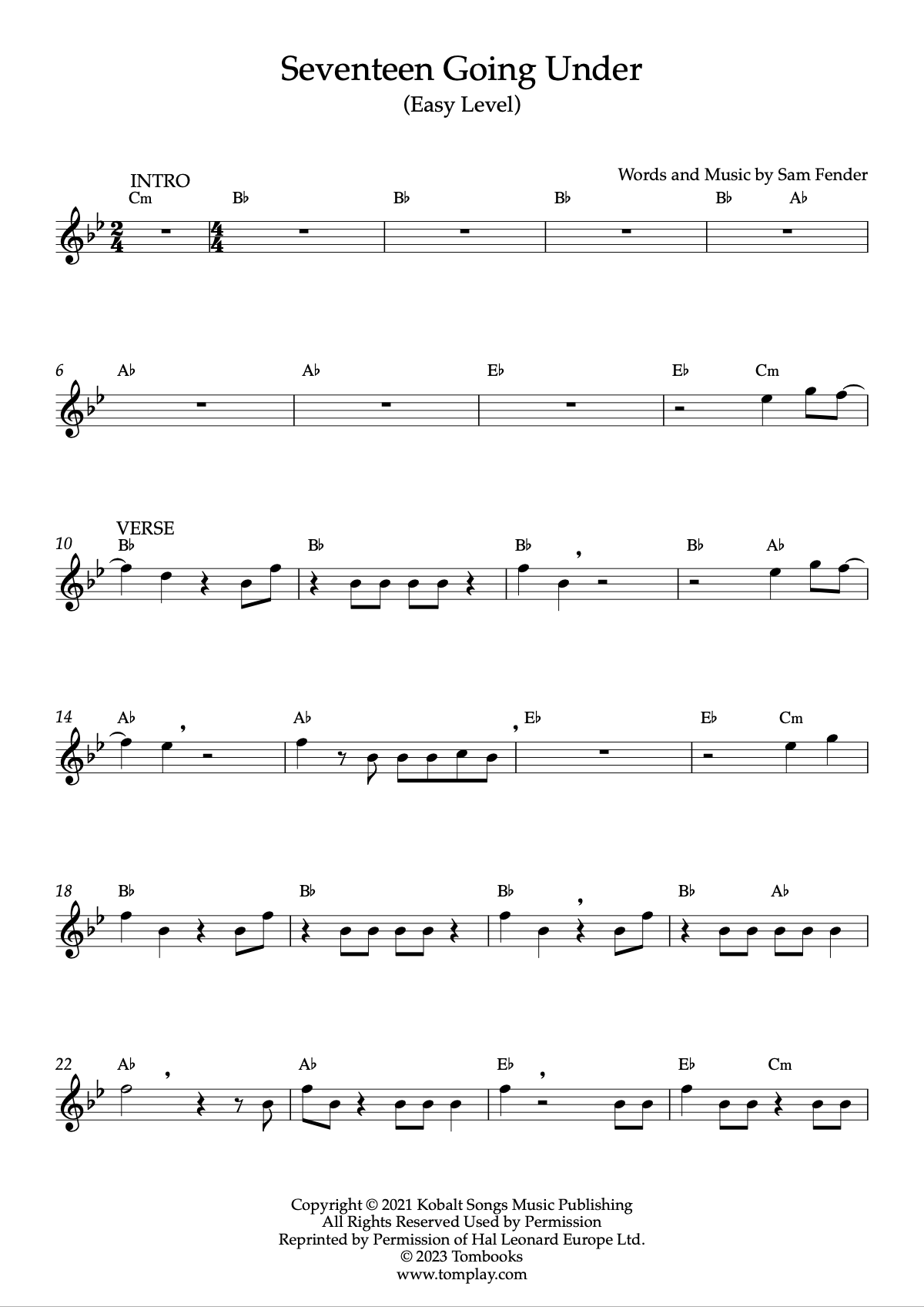 Seventeen Going Under (Easy Level, Tenor Sax) (Sam Fender) Saxophone