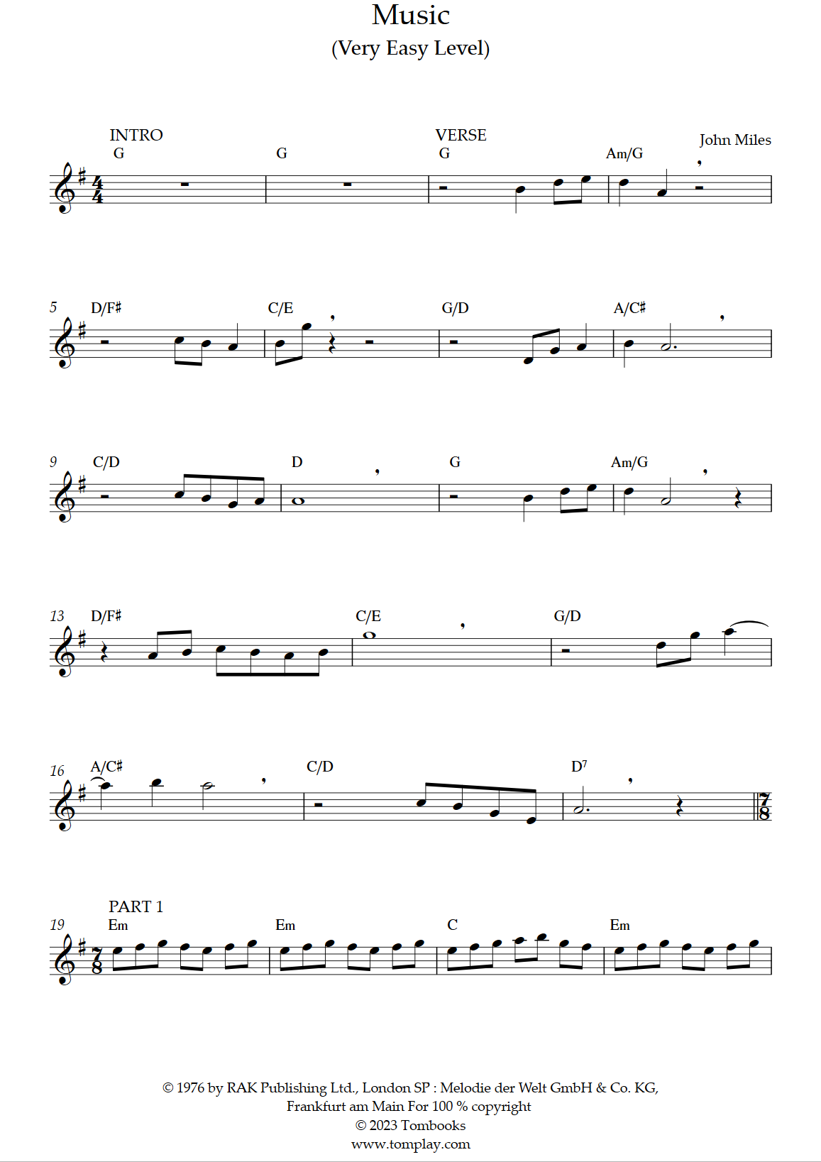 Music Nivel Muy F cil John Miles Partitura Flauta Travesera