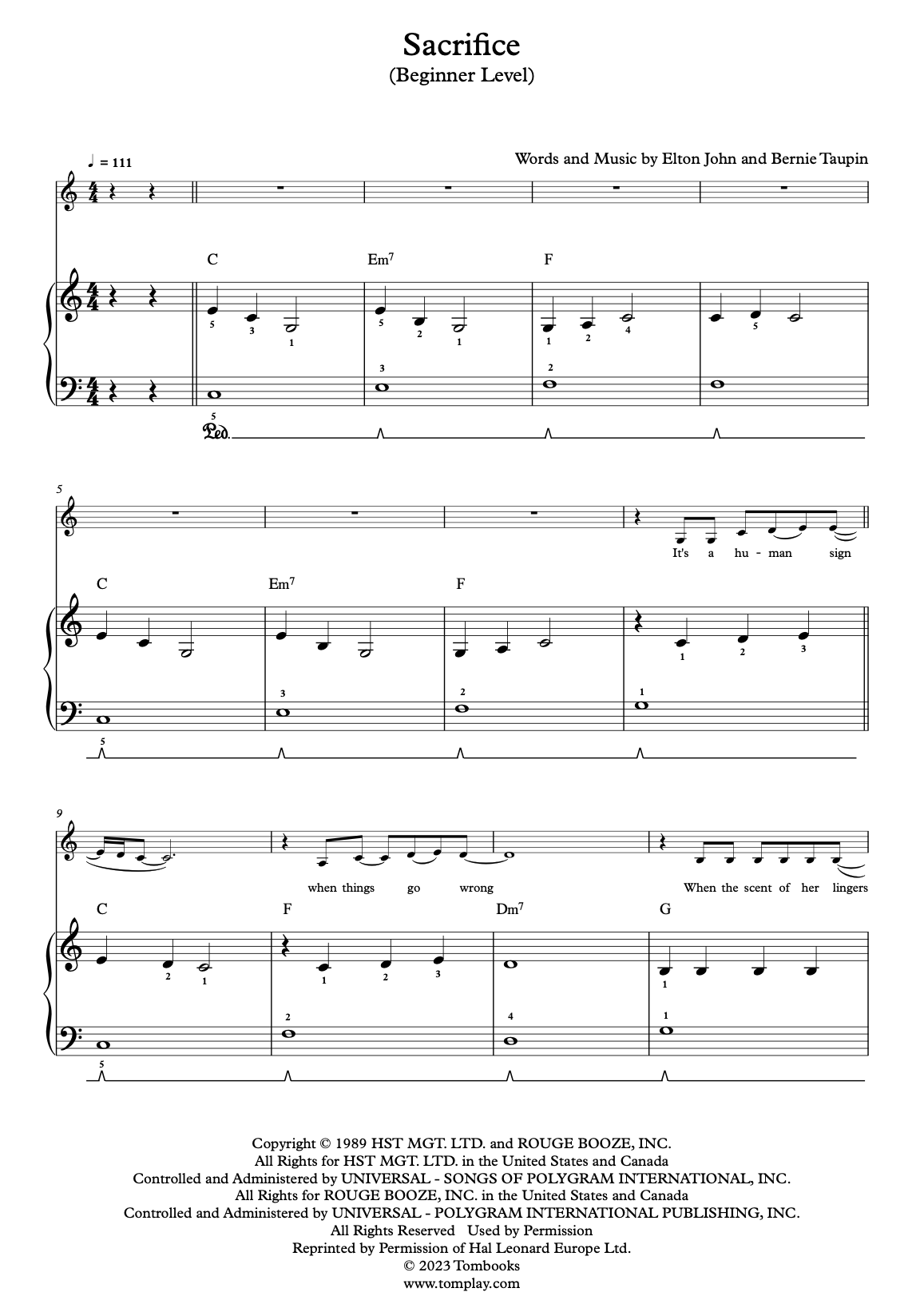 Elton John Sacrifice Sheet Music for Beginners in C Major - Download &  Print - SKU: MN0136811